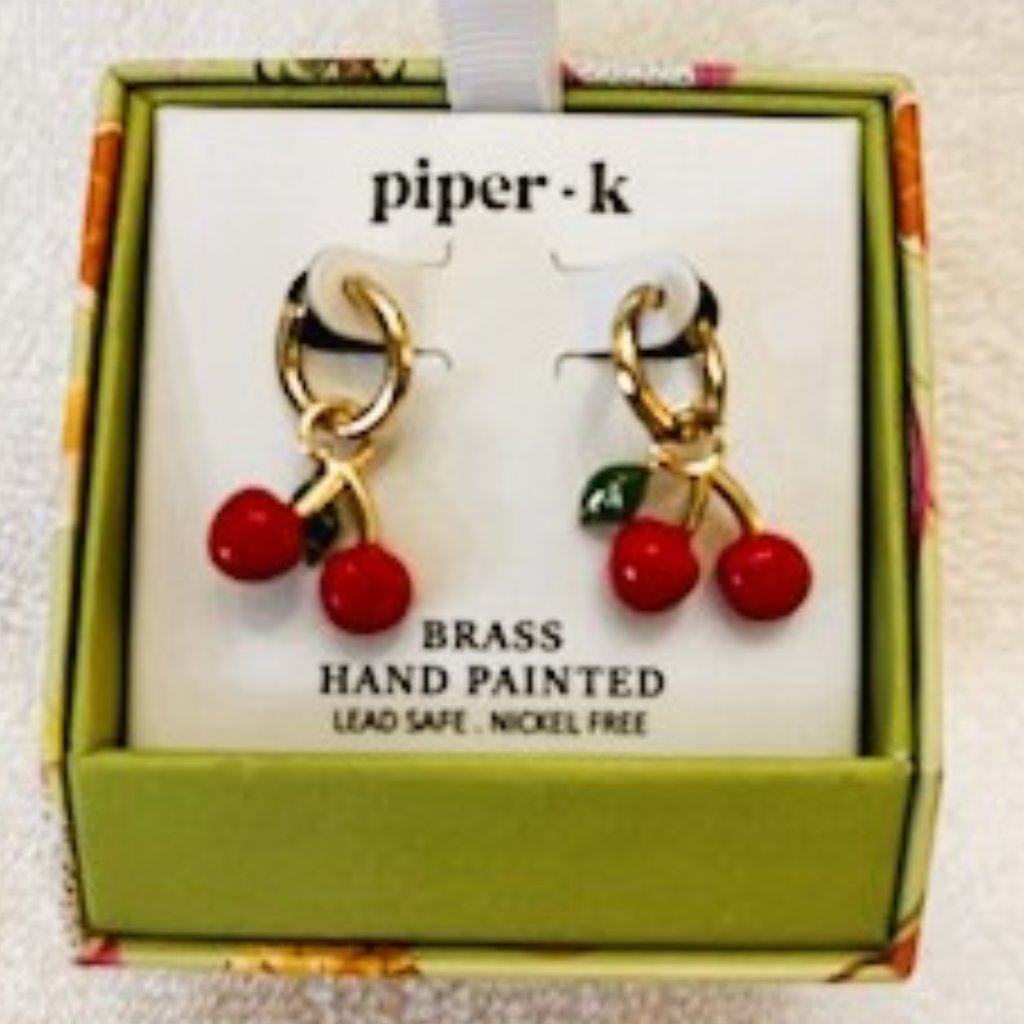 Piper K Brass Pierced Hoops With Hand Painted Cherries New In Box 13$